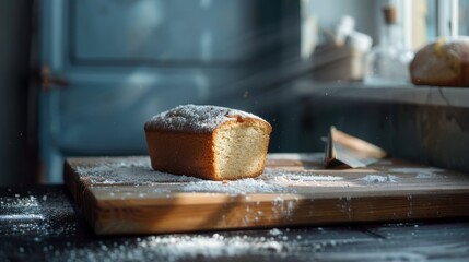 A freshly baked loaf of bread dusted with flour rests on a wooden cutting board, bathed in gentle sunlight streaming through a nearby window.