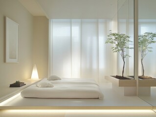Minimalist Bedroom with Platform Bed and Plants.