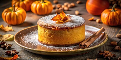 A Close-up of a Delicious Pumpkin Spice Cake with Powdered Sugar and Cinnamon Sticks, Surrounded by Pumpkins and Autumnal Decor