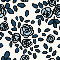 Seamless pattern with beautiful vintage rose and decorative leaf silhouette. Wallpaper with abstract blue rose flower on white background. Vector stock illustration.