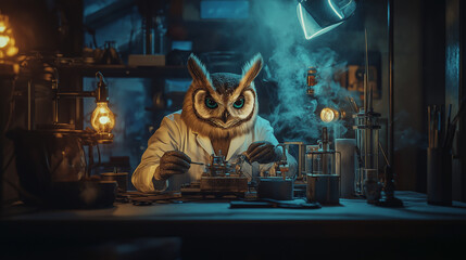 An owl in a lab coat conducting experiments in a dimly lit workshop filled with scientific equipment and vintage lighting