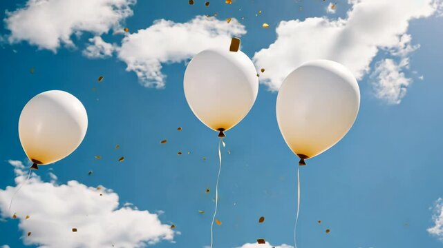 Three white balloons float in the sky with golden confetti falling around them