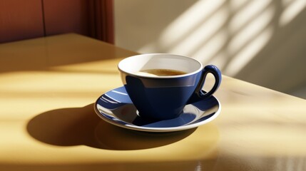 Fototapeta premium A lonely blue coffee cup on a sunlit table casts a dramatic shadow, exuding warmth and solitude.