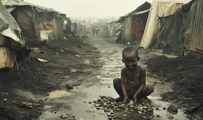Young boy plays in mud puddle, slums in background.