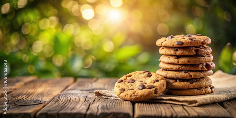 Poster A stack of freshly baked chocolate chip cookies resting on a rustic wooden table with a blurry green background and golden light shining through the leaves.