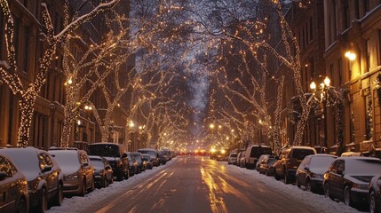 Fototapeta premium Street lined with Christmas lights and snow-covered trees during the holiday season. Festive winter townscape.