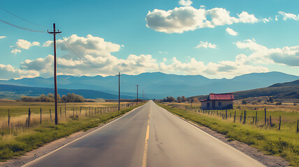 Fototapeta premium Empty road leading to a small house in the distance.