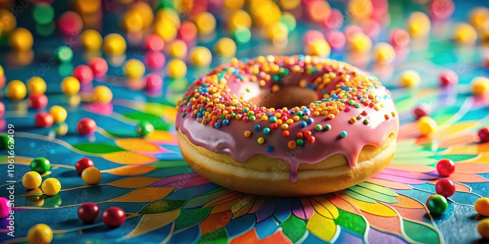 Poster a pink glazed donut sprinkled with multicolored sprinkles sits on a colorful background of candy