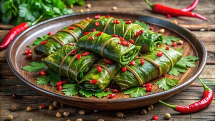 Fototapeta premium Savory Green Leaf Wraps with Red Pepper Garnish and Aromatic Herbs on a Wooden Platter