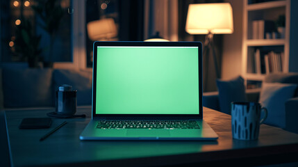 A quiet workspace illuminated at night with a laptop, coffee, and a mug, creating a serene atmosphere for productivity