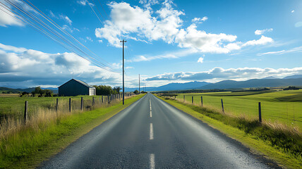Empty asphalt road leading to the horizon in a rural landscape.