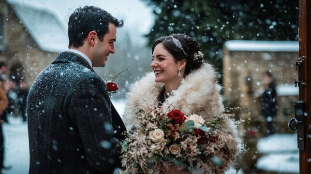  Winter wedding in a snow-covered churchyard, with the bride and groom in warm furs. Romantic and picturesque seasonal celebration.