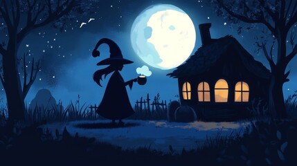 Witch brewing a potion in her dark and mysterious cottage. Enigmatic scene of magical preparation.