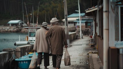 Fototapeta premium An elderly couple walks along a quiet seaside village, sharing a peaceful moment while embracing the tranquil beauty of maritime simplicity.