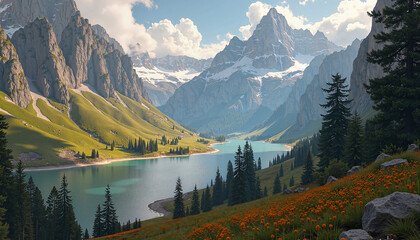 Breathtaking mountain landscape with a serene lake and vibrant wildflowers under a clear blue sky.