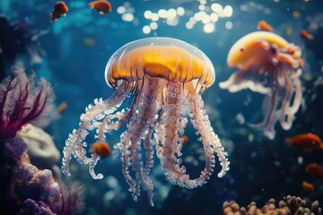 Group of jellyfish swimming in a glass enclosure, ideal for science or educational visuals