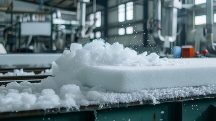 Blocks of snow fly in a bustling industrial setting, where innovation meets raw materials, capturing the essence of modern industry.