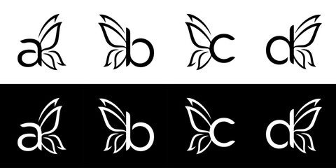 set of the concept of letters combined with butterfly wings in a black color model	