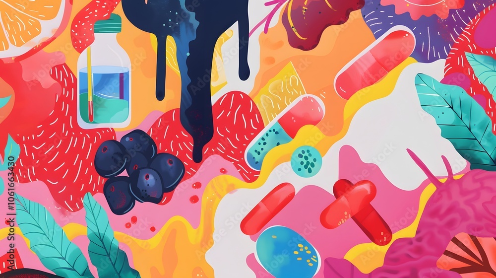 Poster vibrant fluid abstract composition with dynamic shapes and splashes