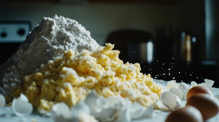 Flour, scrambled eggs, and broken eggshells scatter on a kitchen counter, narrating the story of lively, spontaneous cooking.