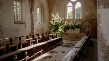 Sunlight streams through the arched windows of an abandoned chapel, illuminating dust motes and faded pews in a hauntingly serene scene.