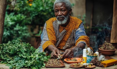 Elderly man prepares herbs and potions.