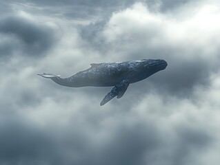 Fototapeta premium A blue whale soars in a cloudy and foggy sky creating a mysterious atmosphere with shades of gray and blue