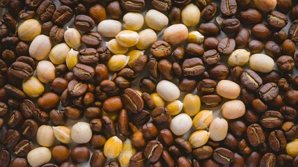 Obraz premium Coffee beans and pumpkin seeds with pumpkins in background