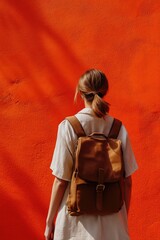 A woman wearing a white dress and carrying a brown backpack, ready for an outdoor adventure