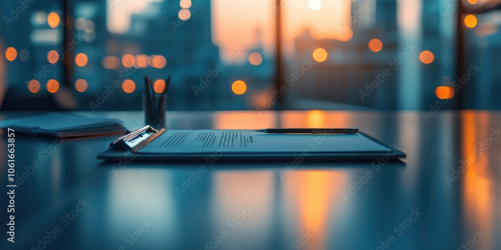 Poster blurred corporate meeting image focusing on a digital signature pad and stylus, with elements softly