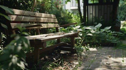 Obraz premium A sun-dappled wooden bench sits quietly amidst lush green foliage and brick pathways, inviting solitude and reflection in a secluded garden corner.