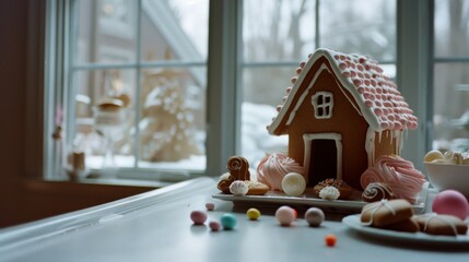 A cozy gingerbread house beside scattered colorful candies on a table, set against a snowy exterior through the window, evoking festive nostalgia.