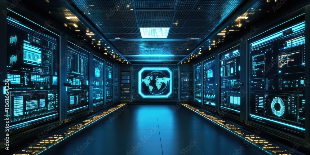 Poster A futuristic data center featuring glowing holographic screens with complex data analytics and advanced AI systems monitoring network traffic.