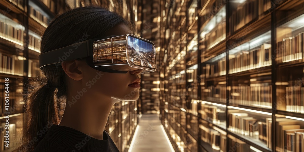 Aufkleber A modern digital library with transparent holographic bookshelves, where users access information through augmented reality glasses.