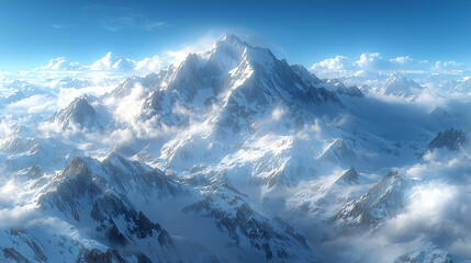 Fototapeta premium Mountains covered with white ice crystals, panorama of a snowy mountain range.