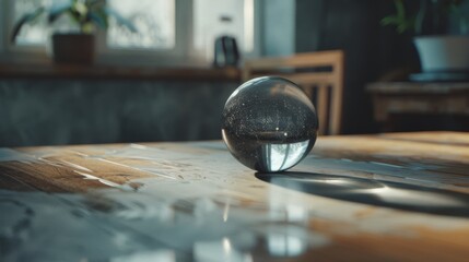 Obraz premium Morning light reflects through a crystal ball on a sunlit wooden table, casting intricate shadows and revealing a serene, quiet atmosphere.