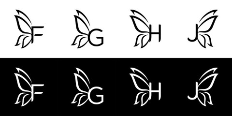 set of the concept of letters combined with butterfly wings in a black color model	