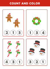 Christmas activity sheet. Count and color worksheet for kids. Math Game with Cute Christmas Pictures. Math Activities for Children.