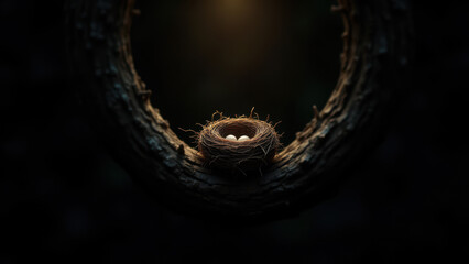 Fototapeta premium A surreal image of a nest within an empty, dark space.