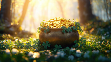 Pot with gold coins on the background of four-leaf clover, symbolizing luck and good fortune.Festive background 3d rendering style for St. Patrick's Day,holidays and decoration the theme of luck