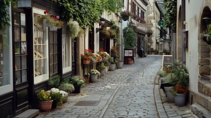 Fototapeta premium A charming cobblestone street adorned with potted plants and vibrant flowers reflecting the quaint charm of a timeless European town.