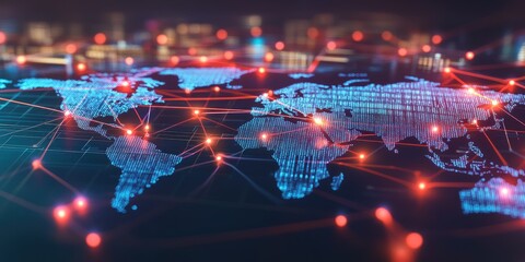 Obraz premium A vibrant digital rendering of global business connections, featuring lines and nodes overlaid on a glowing world map to represent global trade and finance.