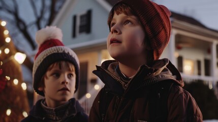 Obraz premium Two children, bundled in winter clothes, look up with wonder and excitement during a festive evening outside a decorated home.