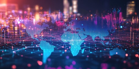 Obraz premium A vibrant digital rendering of global business connections, featuring lines and nodes overlaid on a glowing world map to represent global trade and finance.