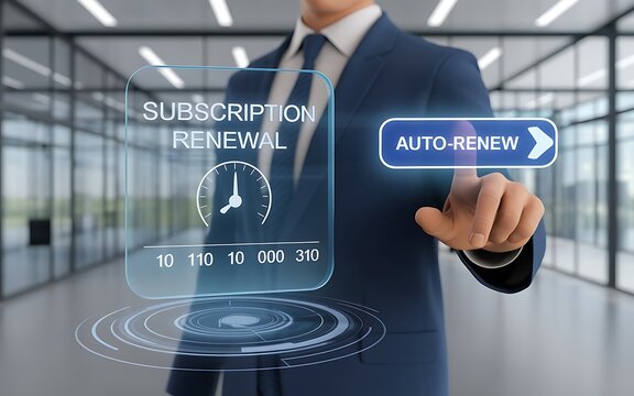 Subscription Renewal: A businessman in a modern office setting interacts with a futuristic interface, pressing the "Auto-Renew" button, signifying the seamless continuation of a service.