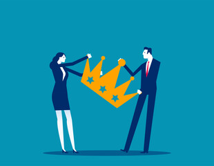 Staff conflict or employee argument, fighting for job promotion or jealousy colleague concept, angry coworker fighting by pulling golden crown metaphor of job promotion position.