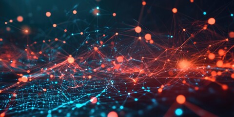 Obraz premium An abstract tech background features luminous lines and nodes that link various business icons, illustrating comprehensive network strategies.