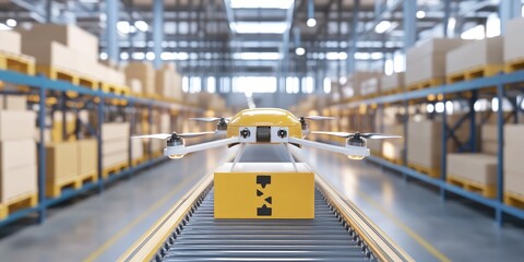 Obraz premium State-of-the-art warehouse integrating drone delivery systems, automated sorting lines, and advanced inventory software.