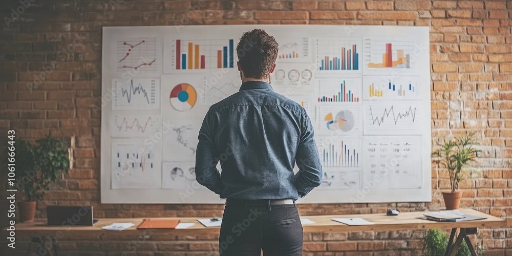 Aufkleber a business strategist standing before a large whiteboard filled with charts and graphs, brainstormin