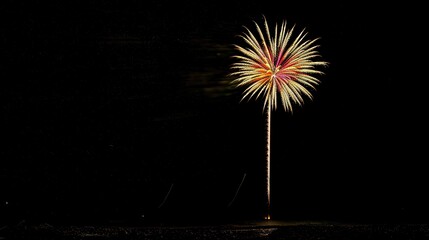 Vibrant fireworks display against dark night sky symbolizing new beginnings, dynamic burst of light captured with wide-angle lens, ample copy space for text or design elements.